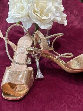 PATRIZIA NWT-Rose Gold RHINSTONE  Wrap Ankle Strap Lucite Heel, Size 38 (7.5-8)